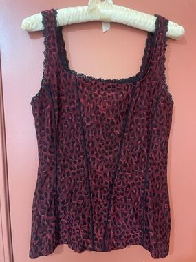 White House Black Market Red and Black Leopard Lace-Trim Camisole